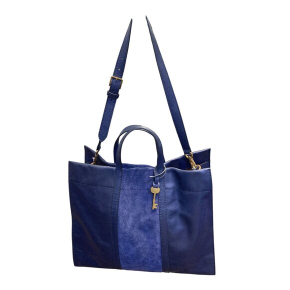 Fossil Large Blue Leather & Suede Tote Bag With Gold Hardware & Key Accent - Picture 1 of 7
